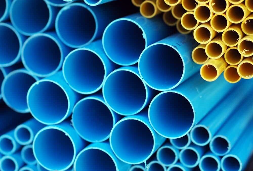 blue and yellow pvc pipes stacked, ready for Pipe Relining